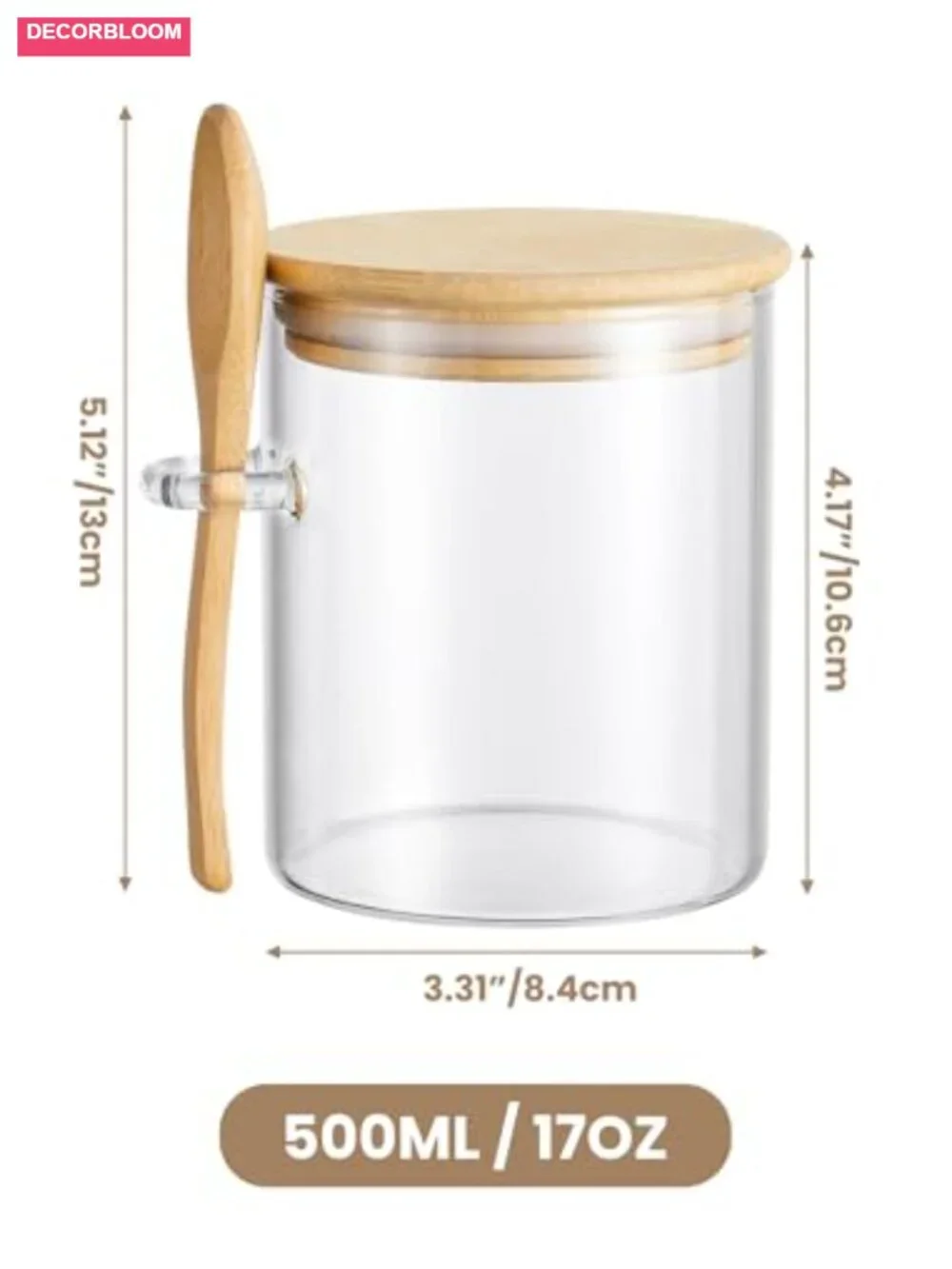 Glass Salt Cellar with Bamboo Lid and Spoon, 17oz Airtight Kitchen Container